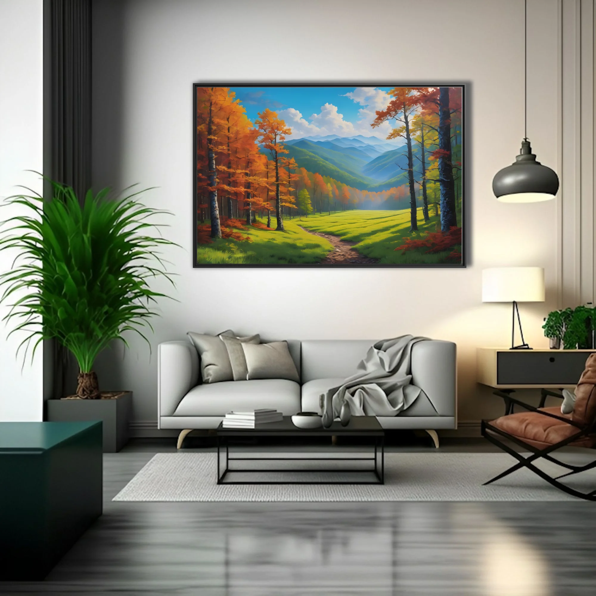 Autumn mountain valley landscape with blue ridges, fall foliage, meadow path, nature art