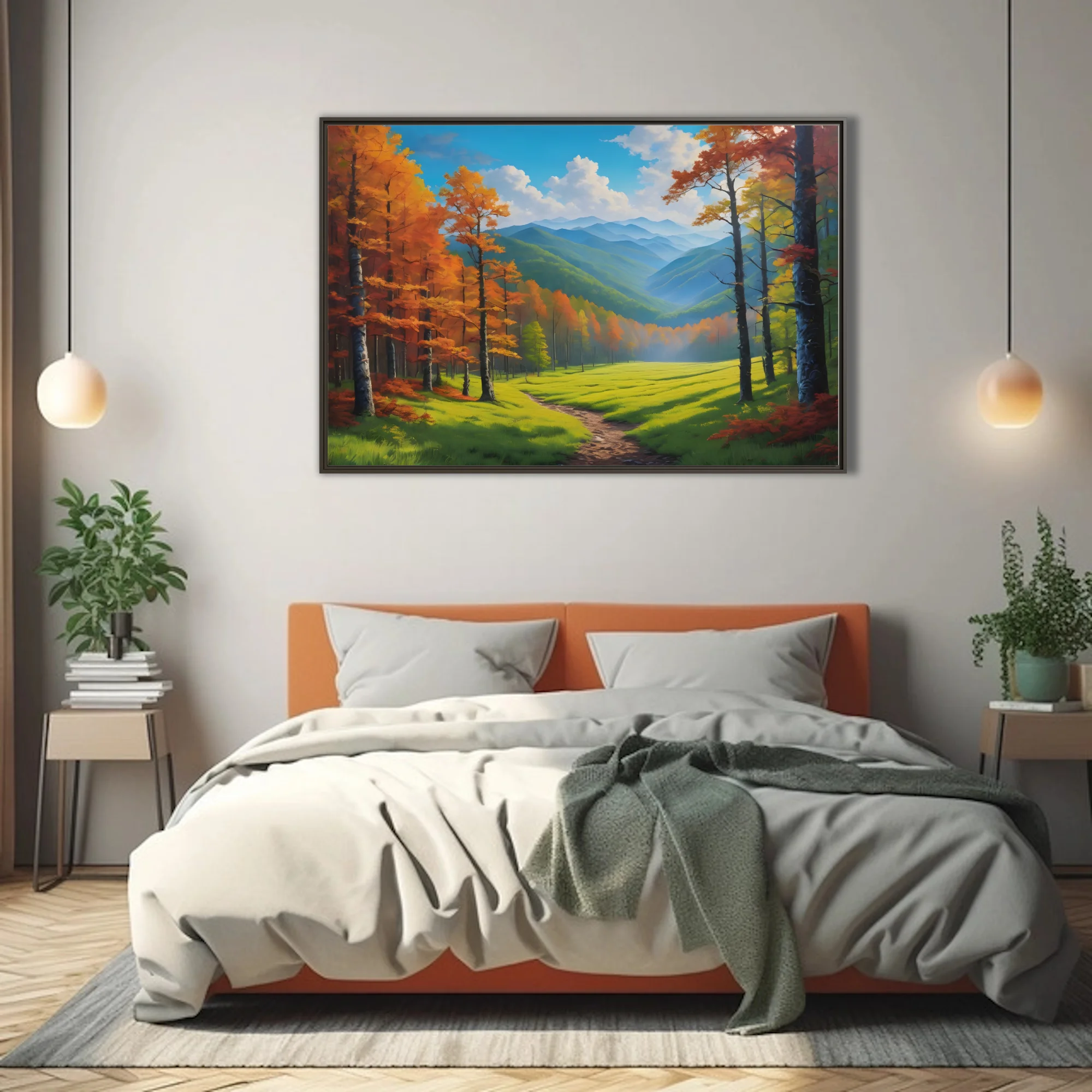 Autumn mountain valley landscape with blue ridges, fall foliage, meadow path, nature art