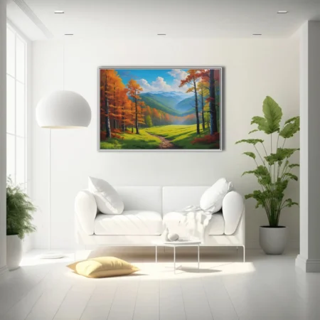 Autumn mountain valley landscape with blue ridges, fall foliage, meadow path, nature art