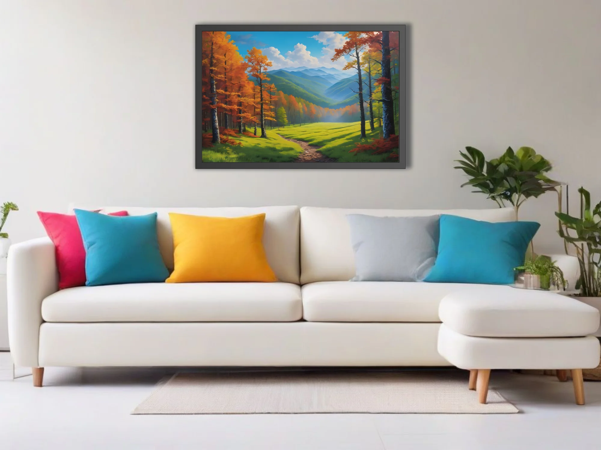 Autumn mountain valley landscape with blue ridges, fall foliage, meadow path, nature art