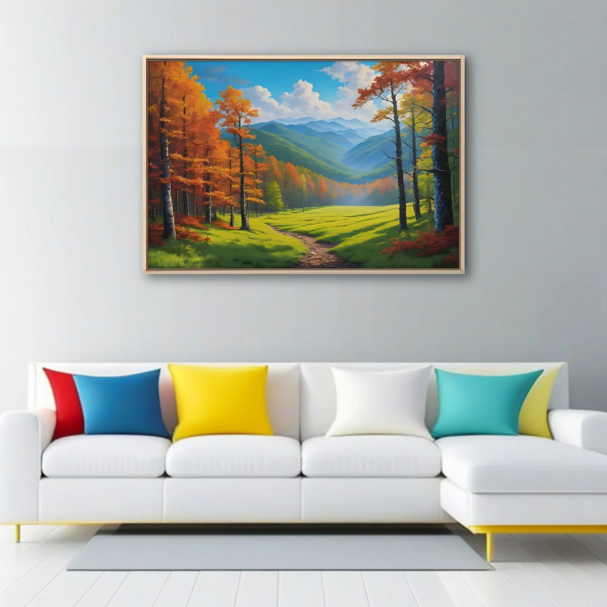 Autumn mountain valley landscape with blue ridges, fall foliage, meadow path, nature art