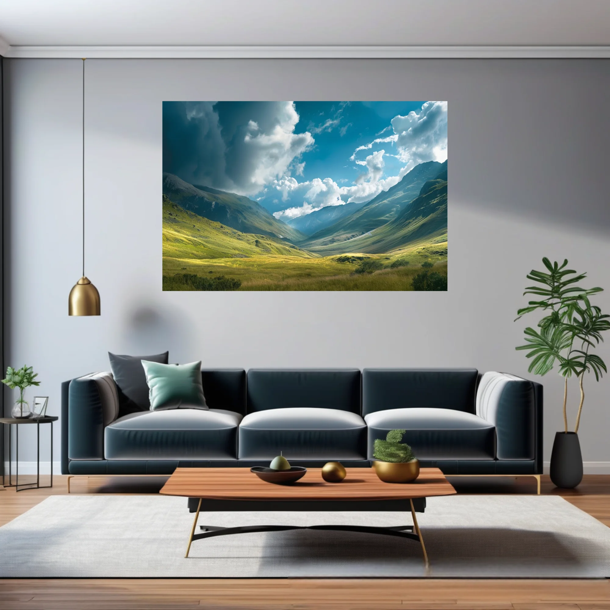 Alpine valley landscape with dramatic clouds and lush green meadows