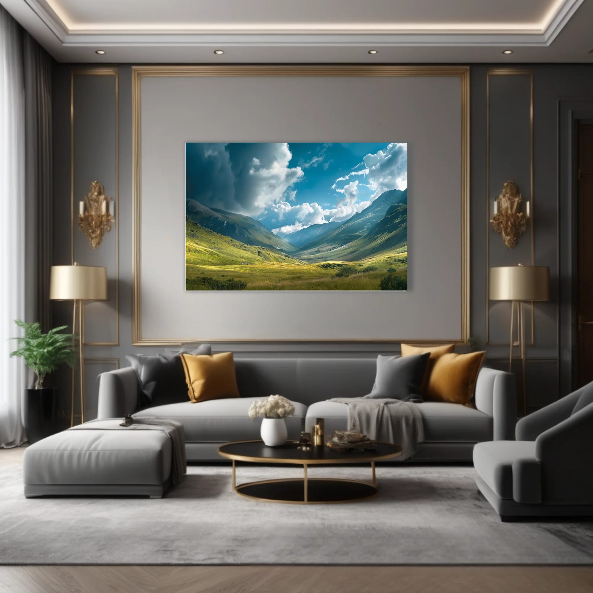 Alpine valley landscape with dramatic clouds and lush green meadows
