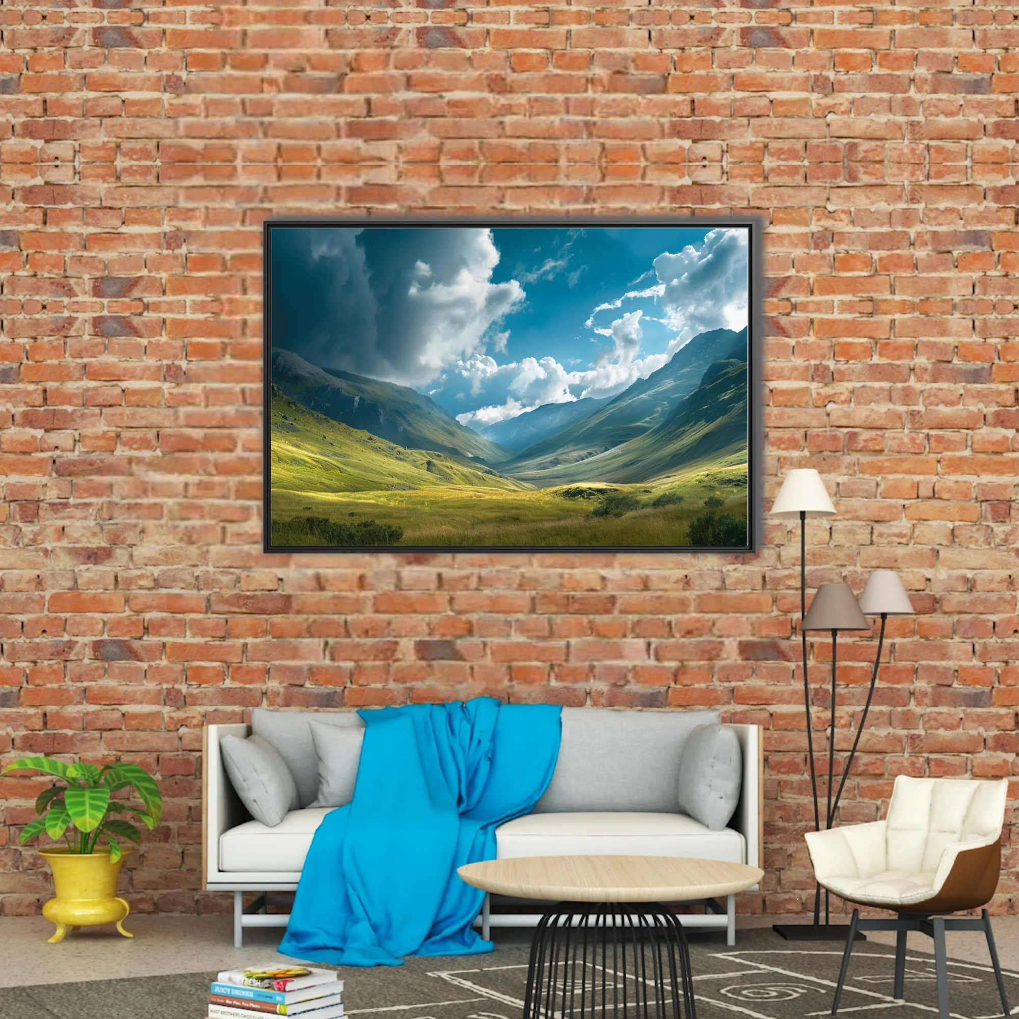 Alpine valley landscape with dramatic clouds and lush green meadows