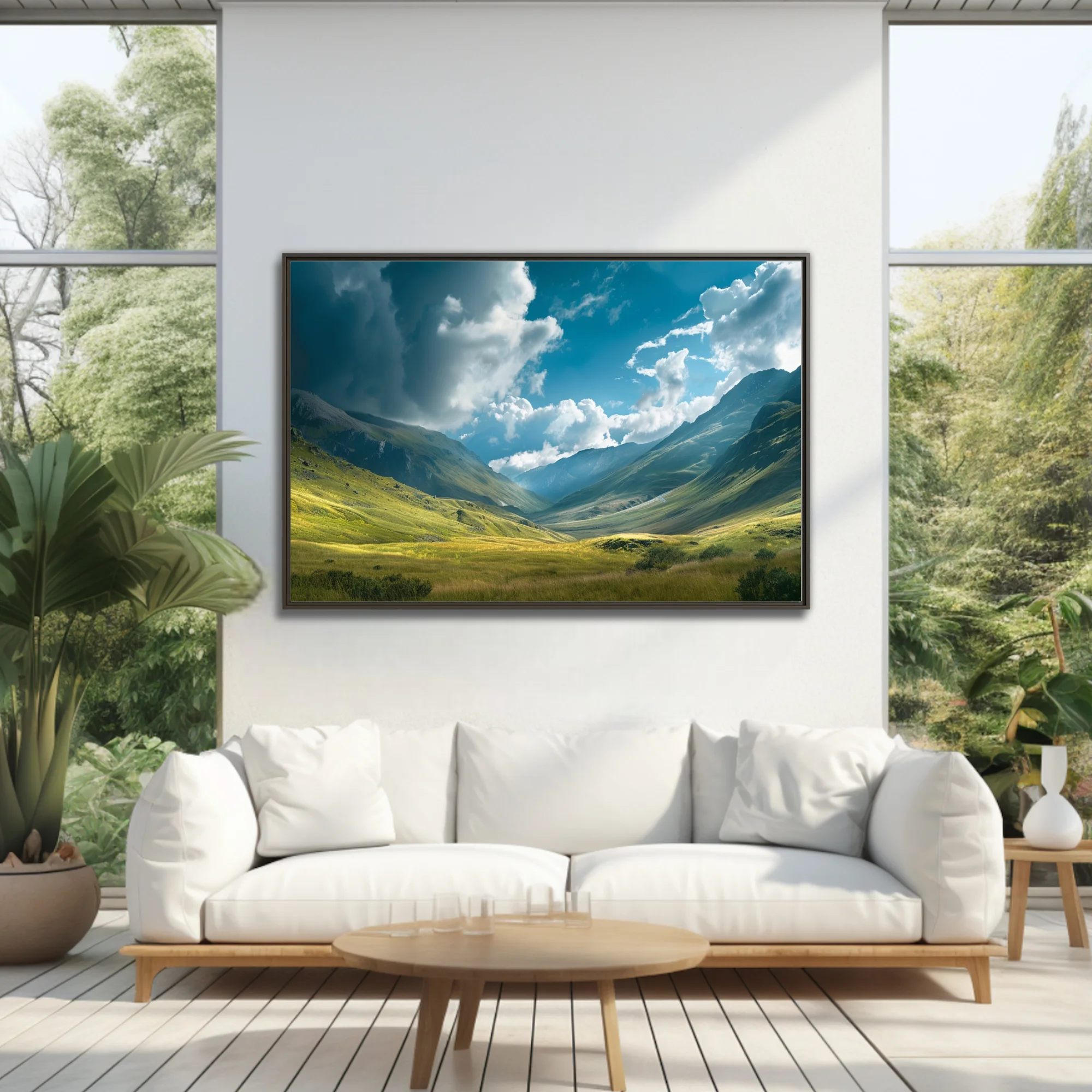 Alpine valley landscape with dramatic clouds and lush green meadows