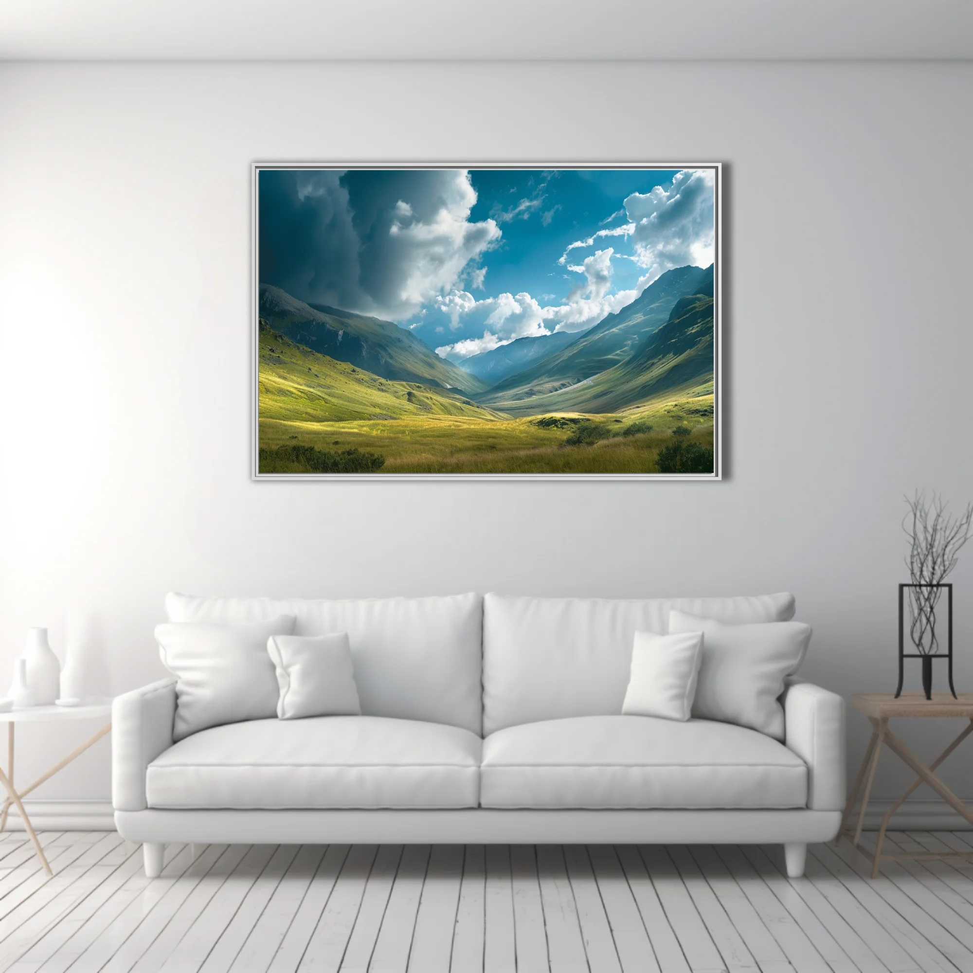 Alpine valley landscape with dramatic clouds and lush green meadows
