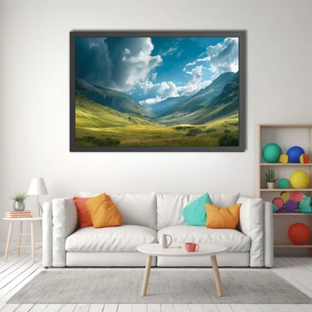 Alpine valley landscape with dramatic clouds and lush green meadows