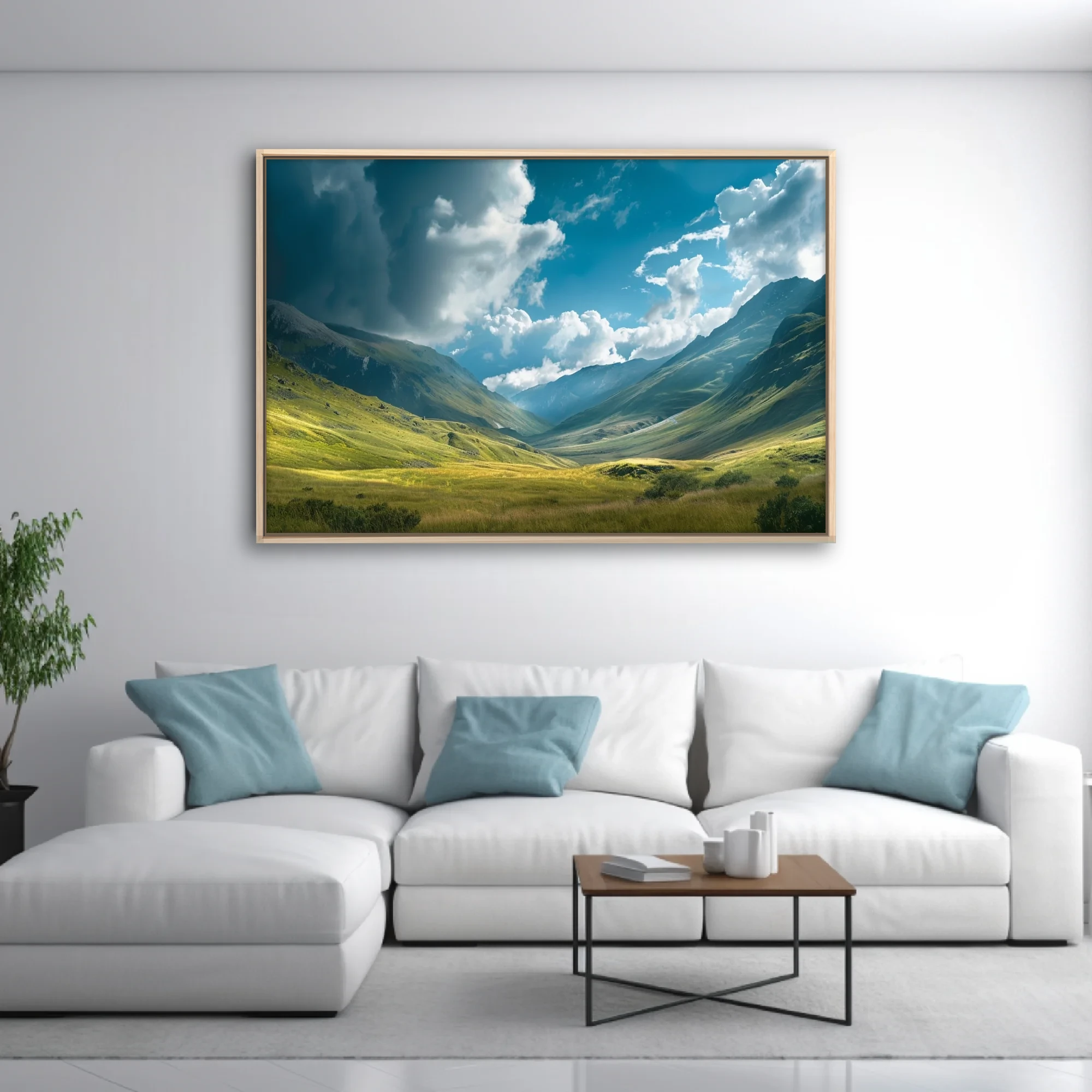 Alpine valley landscape with dramatic clouds and lush green meadows