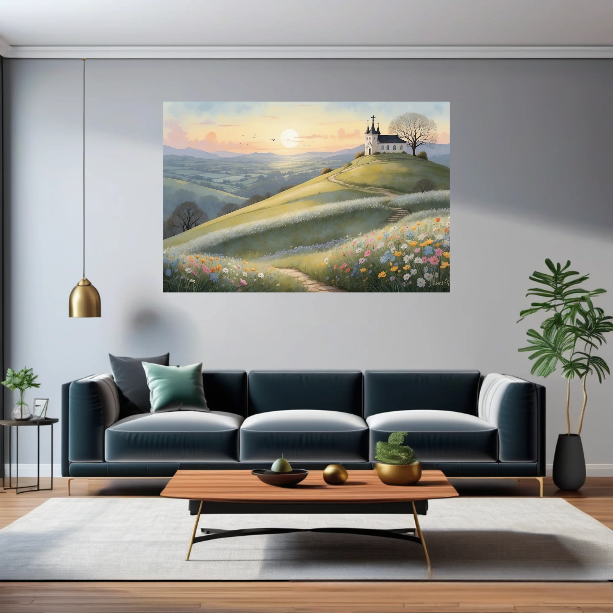 Watercolor-style pastoral landscape with hilltop chapel, wildflowers, and golden sunset sky