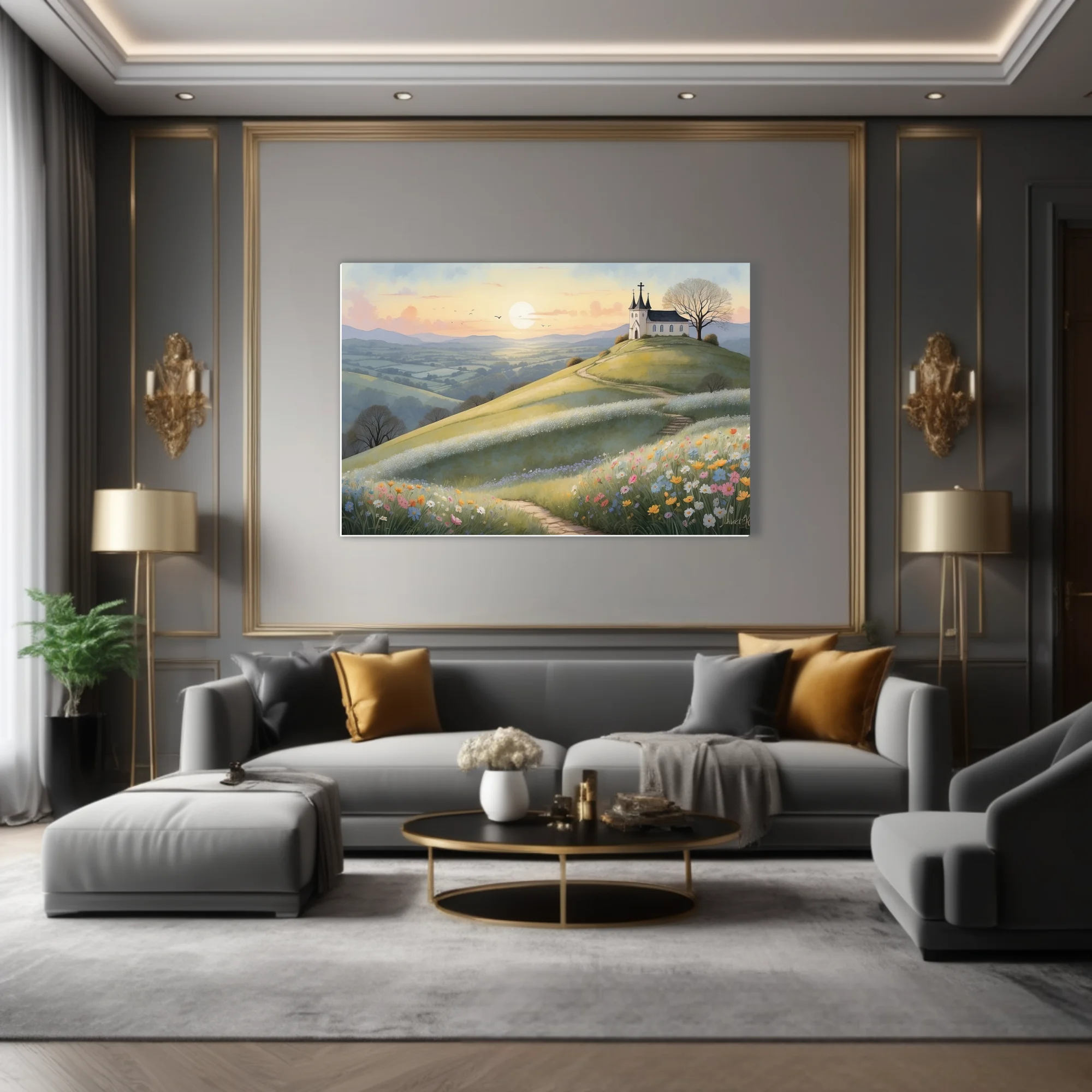 Watercolor-style pastoral landscape with hilltop chapel, wildflowers, and golden sunset sky
