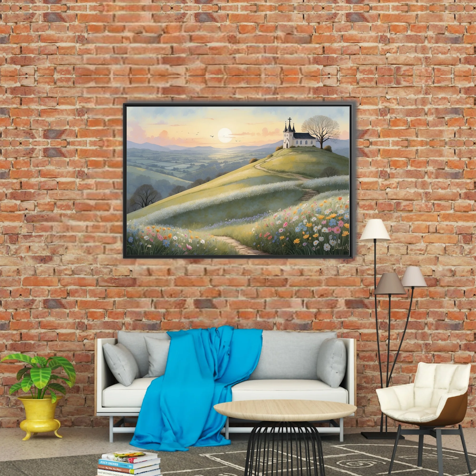 Watercolor-style pastoral landscape with hilltop chapel, wildflowers, and golden sunset sky