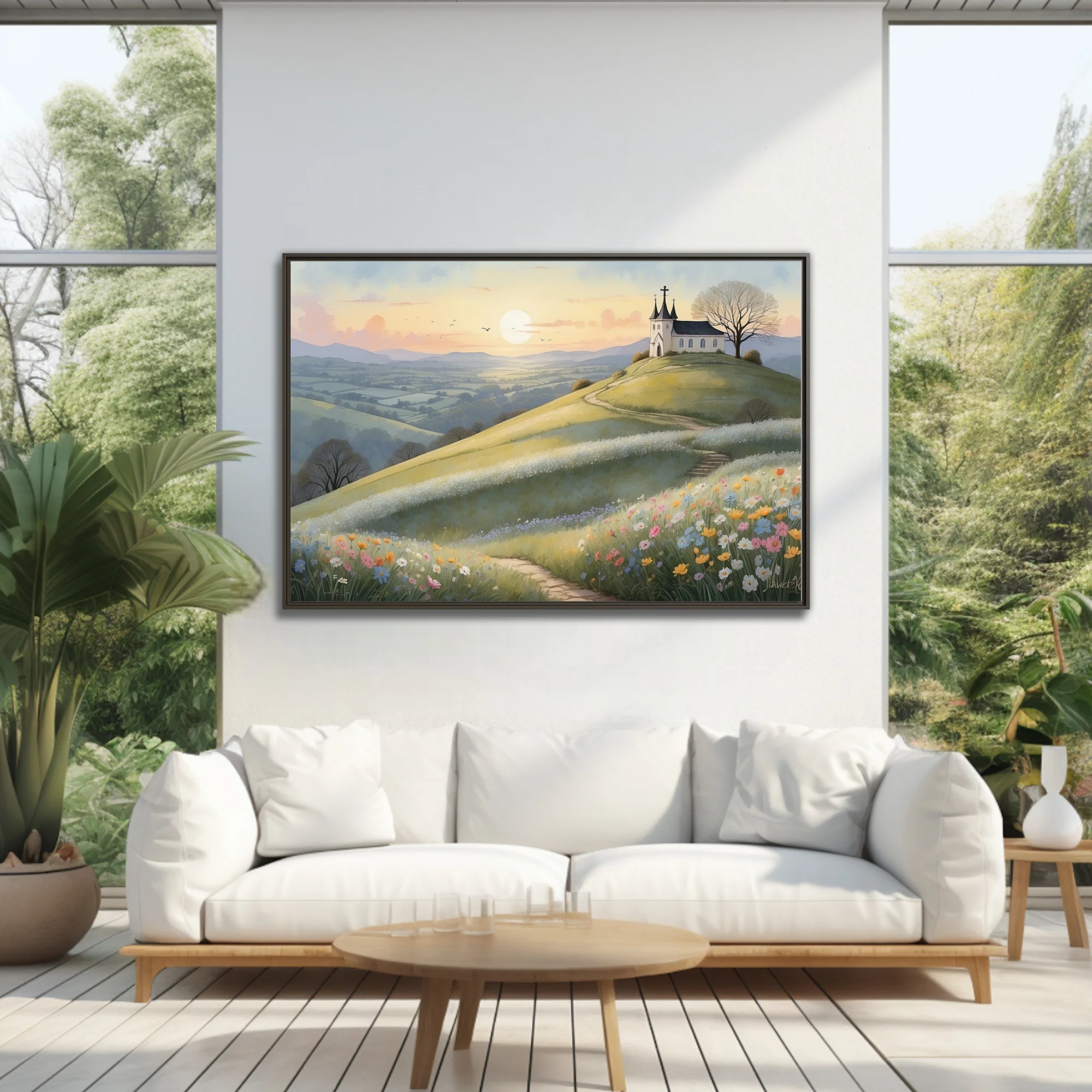 Watercolor-style pastoral landscape with hilltop chapel, wildflowers, and golden sunset sky