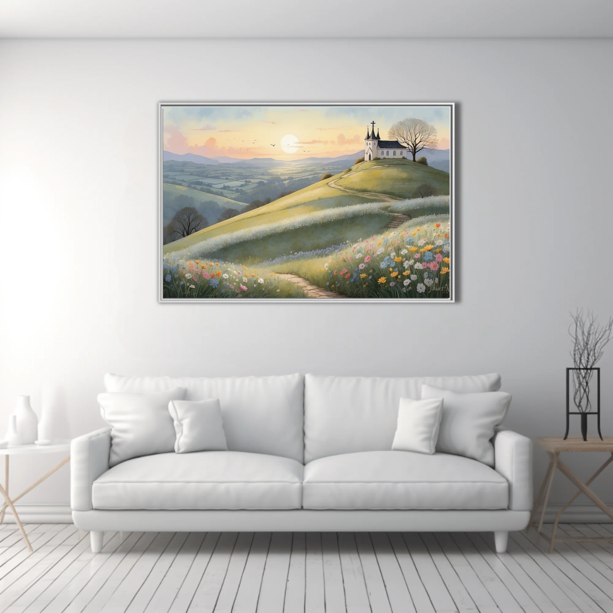 Watercolor-style pastoral landscape with hilltop chapel, wildflowers, and golden sunset sky