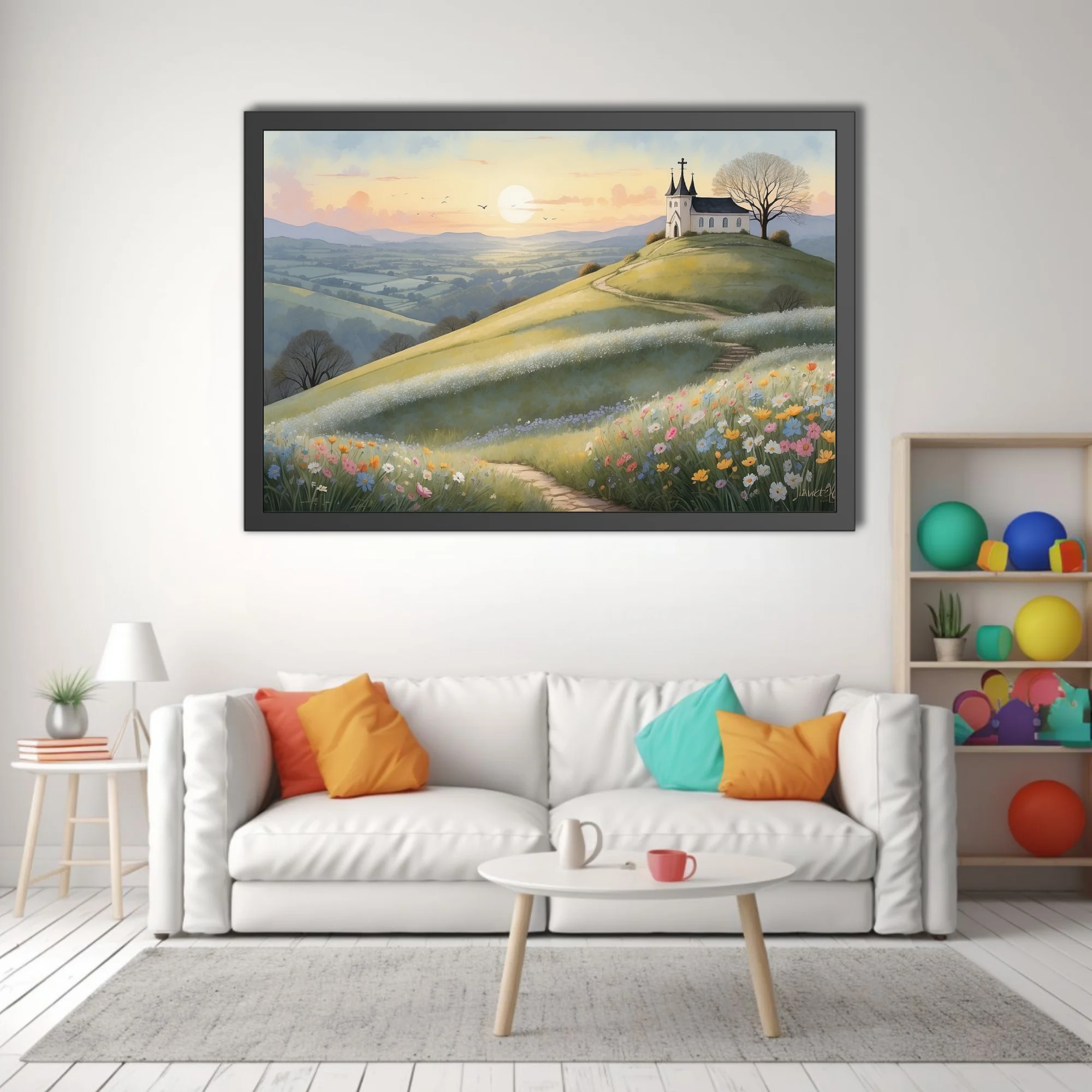 Watercolor-style pastoral landscape with hilltop chapel, wildflowers, and golden sunset sky