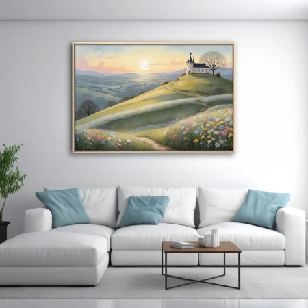Watercolor-style pastoral landscape with hilltop chapel, wildflowers, and golden sunset sky