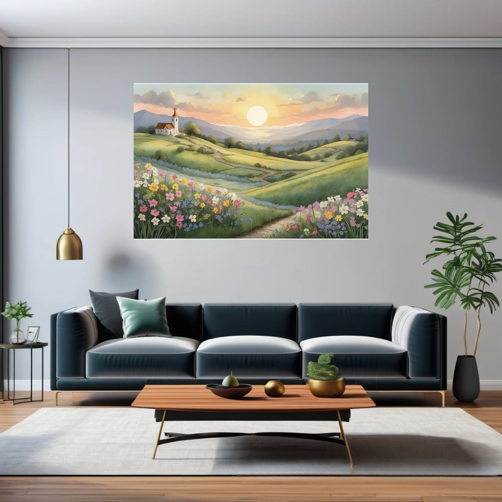 Watercolor-style spring countryside with wildflowers, chapel on hill, and glowing sunset sky