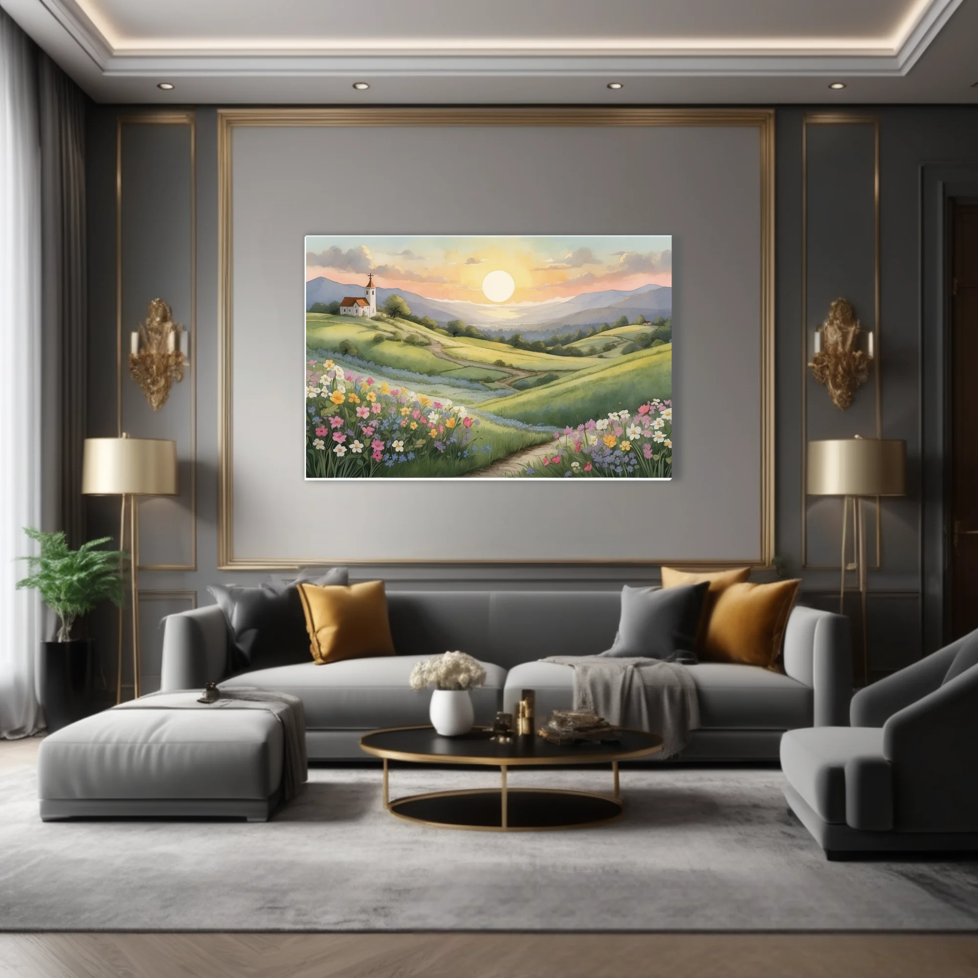 Watercolor-style spring countryside with wildflowers, chapel on hill, and glowing sunset sky
