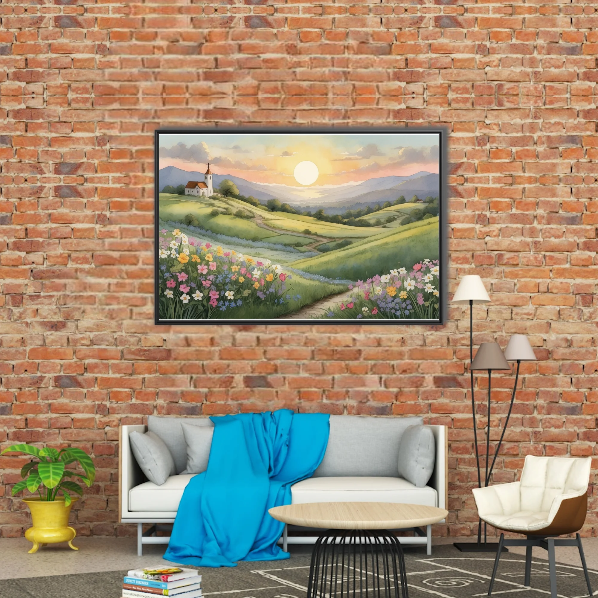 Watercolor-style spring countryside with wildflowers, chapel on hill, and glowing sunset sky