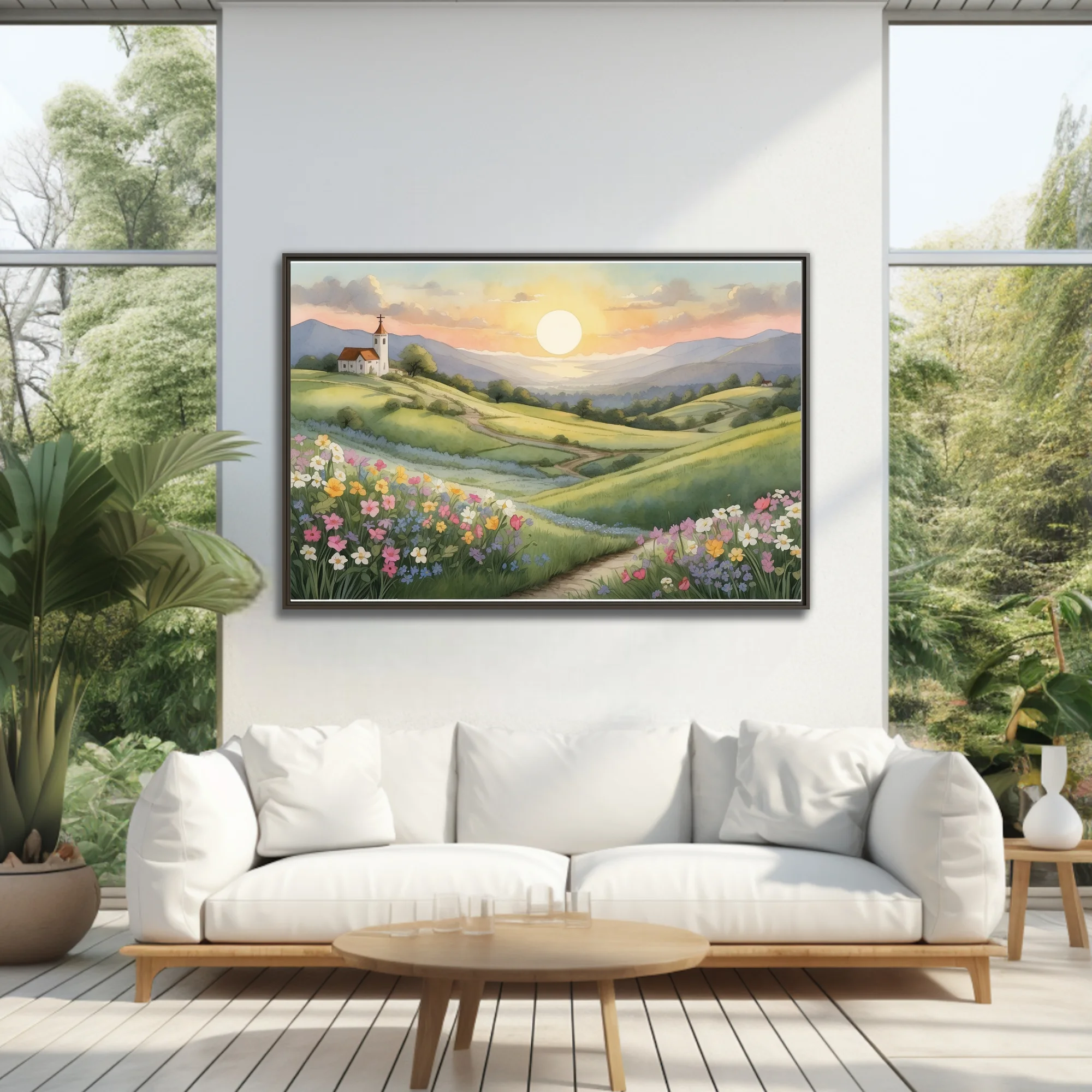Watercolor-style spring countryside with wildflowers, chapel on hill, and glowing sunset sky