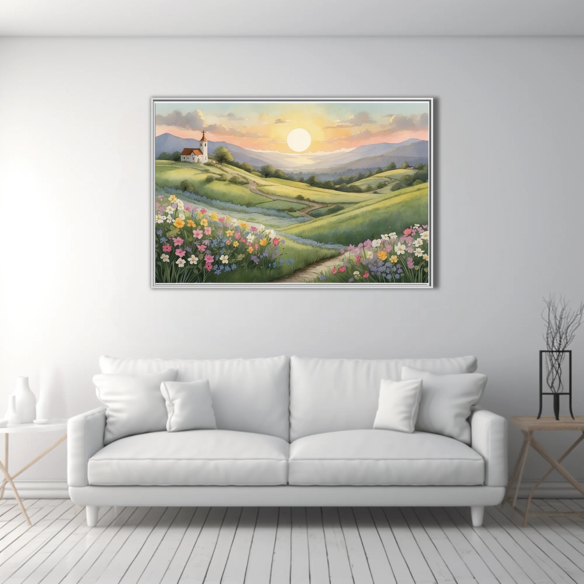 Watercolor-style spring countryside with wildflowers, chapel on hill, and glowing sunset sky