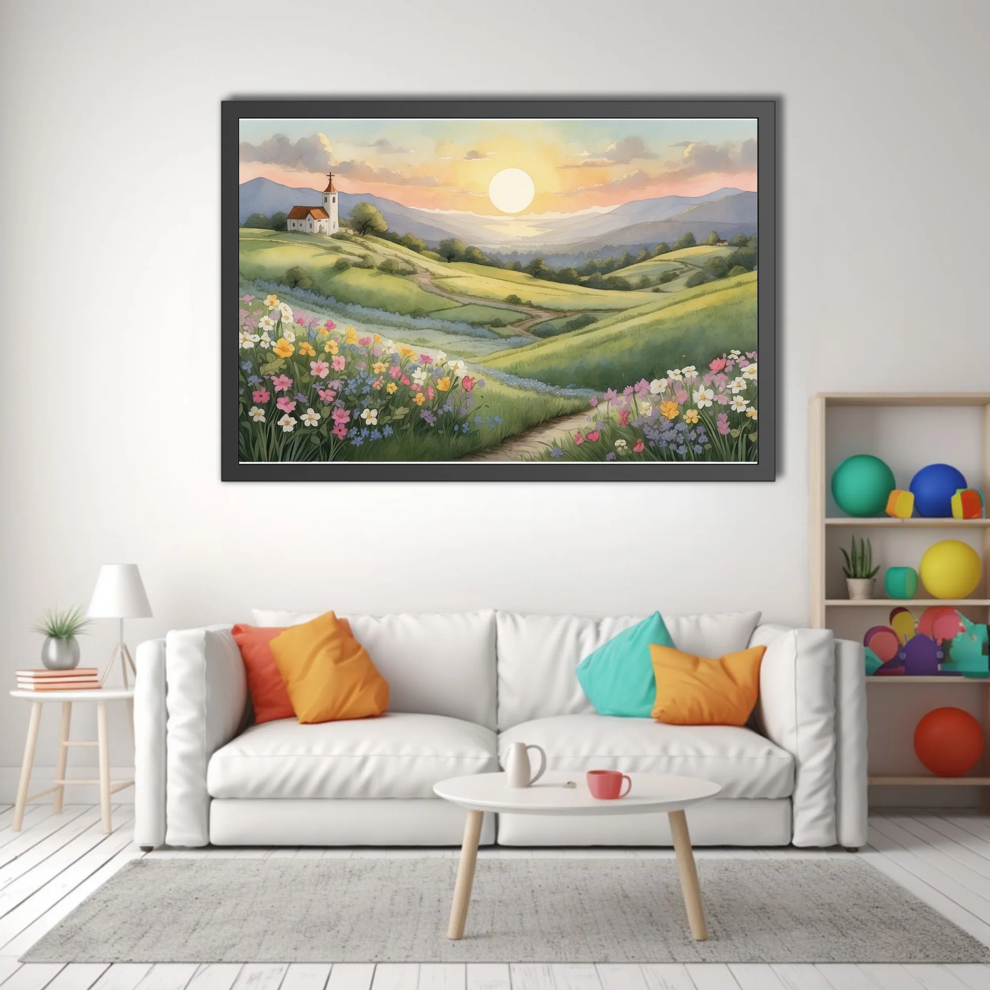 Watercolor-style spring countryside with wildflowers, chapel on hill, and glowing sunset sky