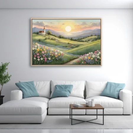 Watercolor-style spring countryside with wildflowers, chapel on hill, and glowing sunset sky
