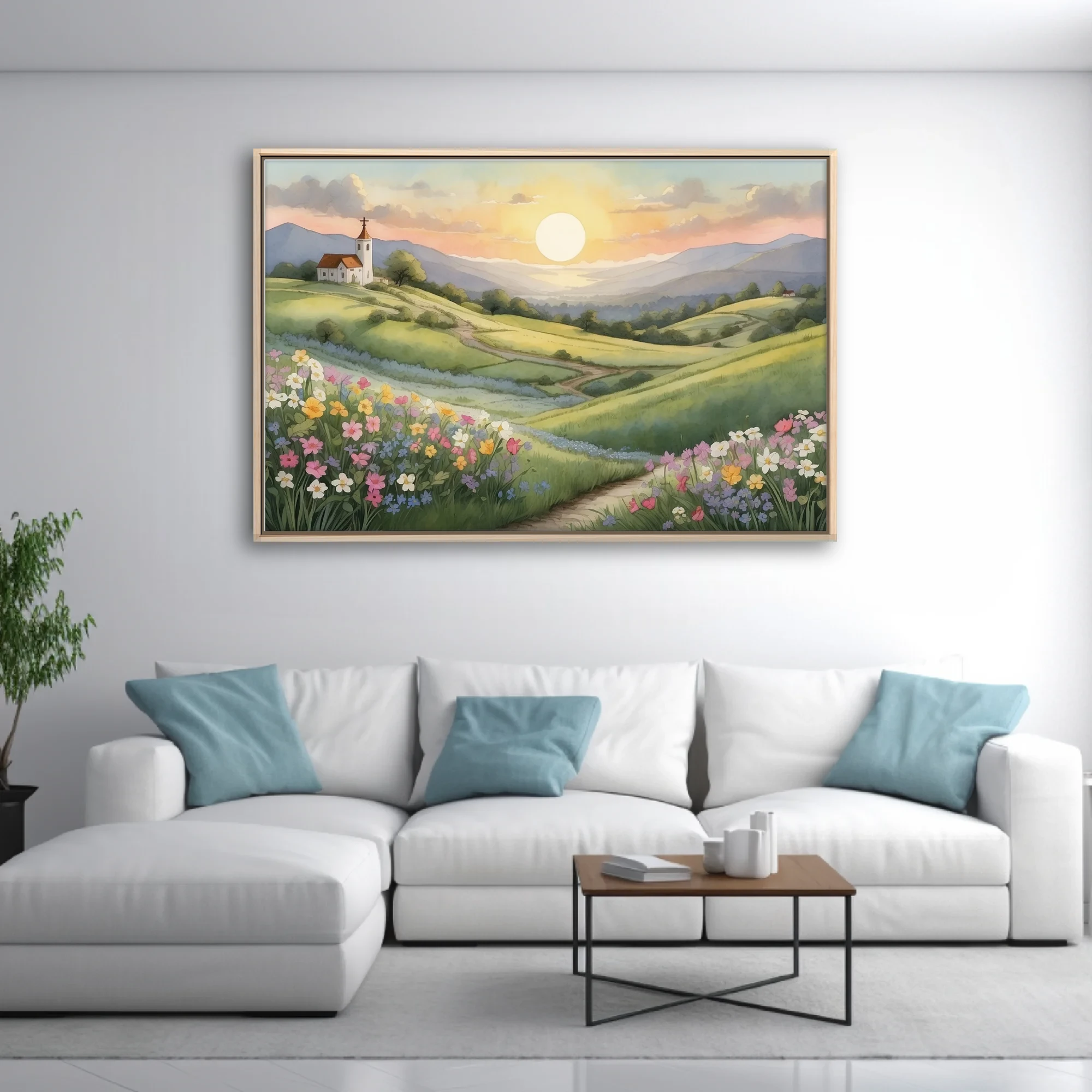 Watercolor-style spring countryside with wildflowers, chapel on hill, and glowing sunset sky