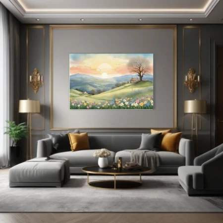 Watercolor-style pastoral landscape with rolling hills, wildflowers, cottage, and sunset sky