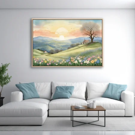 Watercolor-style pastoral landscape with rolling hills, wildflowers, cottage, and sunset sky