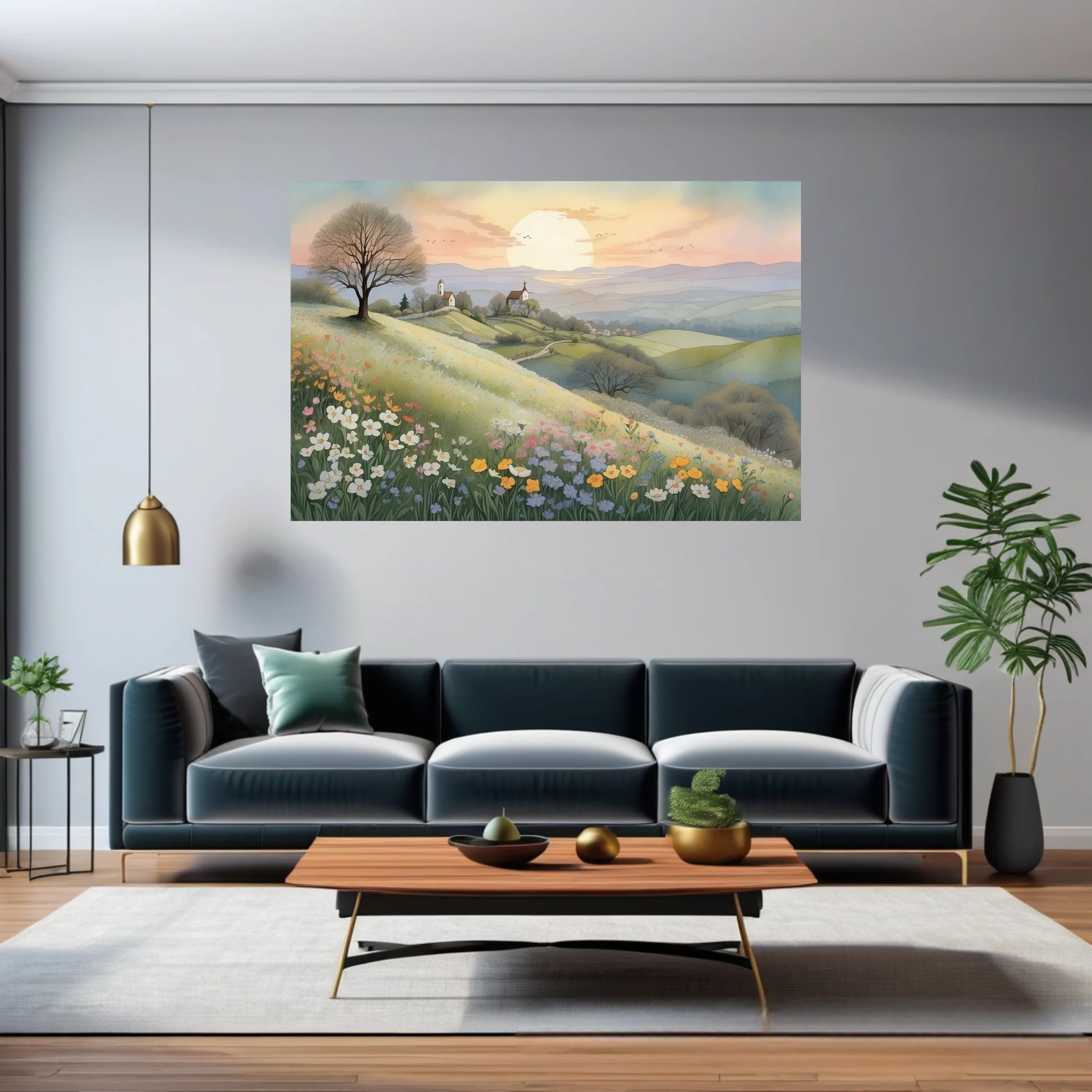 Watercolor-style pastoral landscape with wildflower meadow, rolling hills, and glowing sunset sky