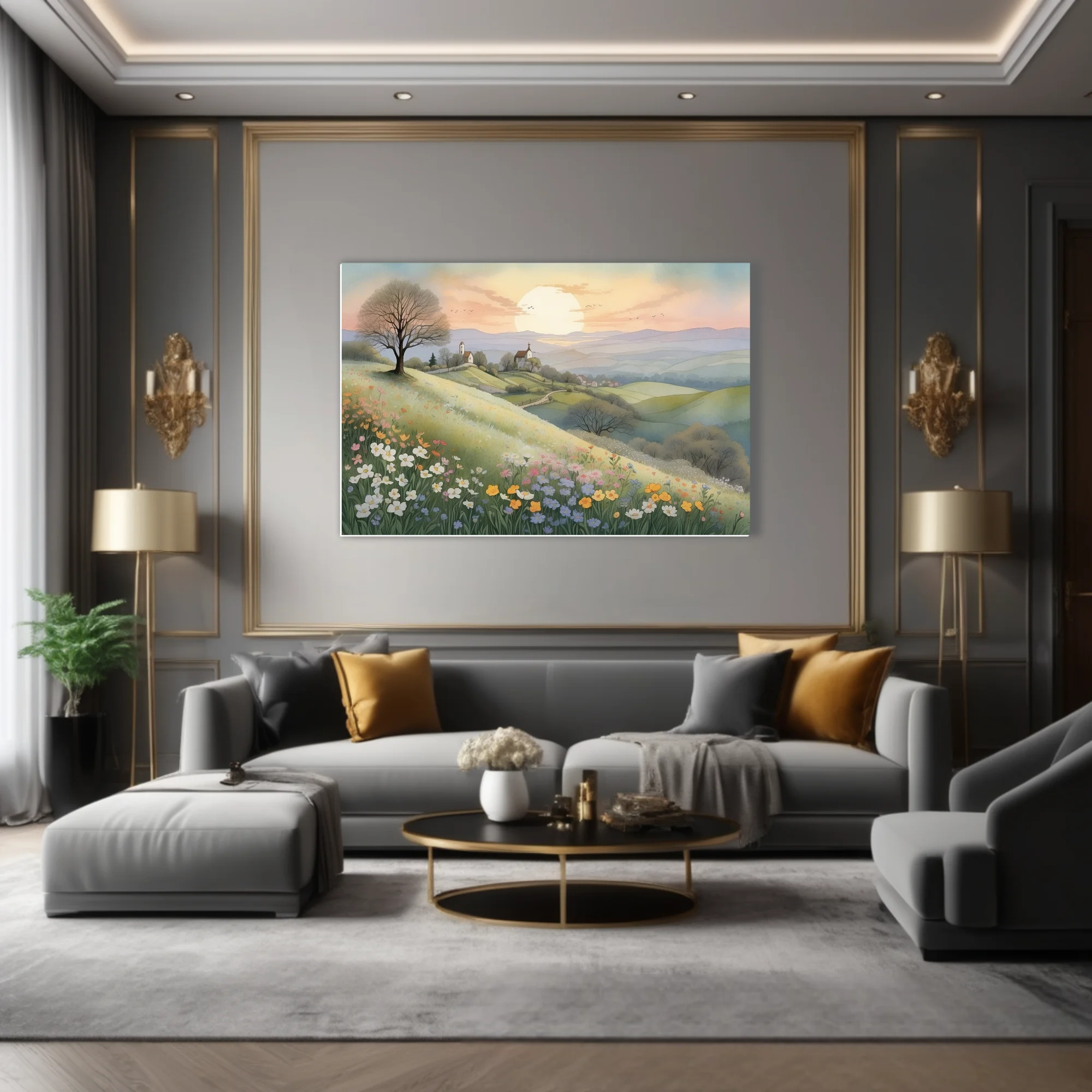 Watercolor-style pastoral landscape with wildflower meadow, rolling hills, and glowing sunset sky