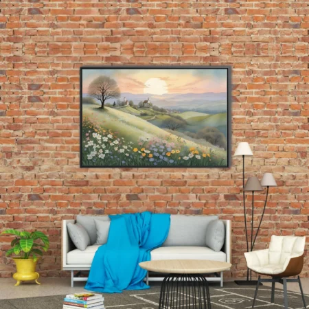 Watercolor-style pastoral landscape with wildflower meadow, rolling hills, and glowing sunset sky