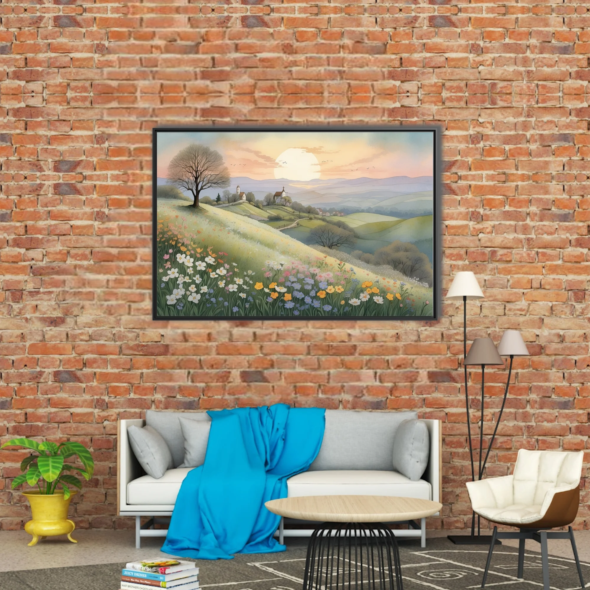 Watercolor-style pastoral landscape with wildflower meadow, rolling hills, and glowing sunset sky