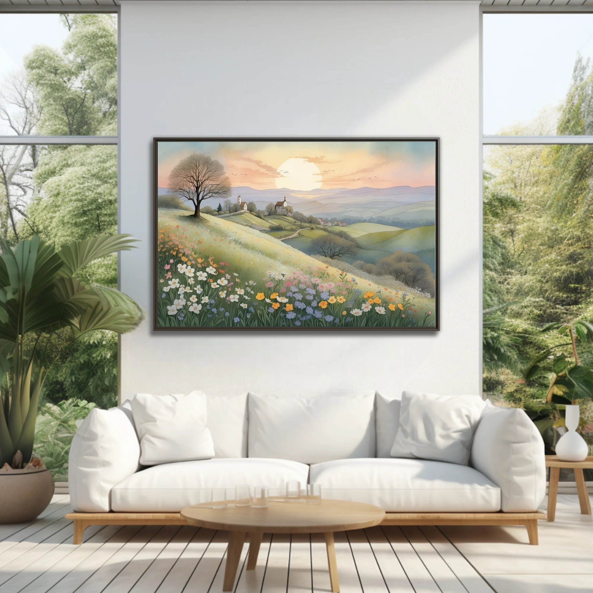 Watercolor-style pastoral landscape with wildflower meadow, rolling hills, and glowing sunset sky