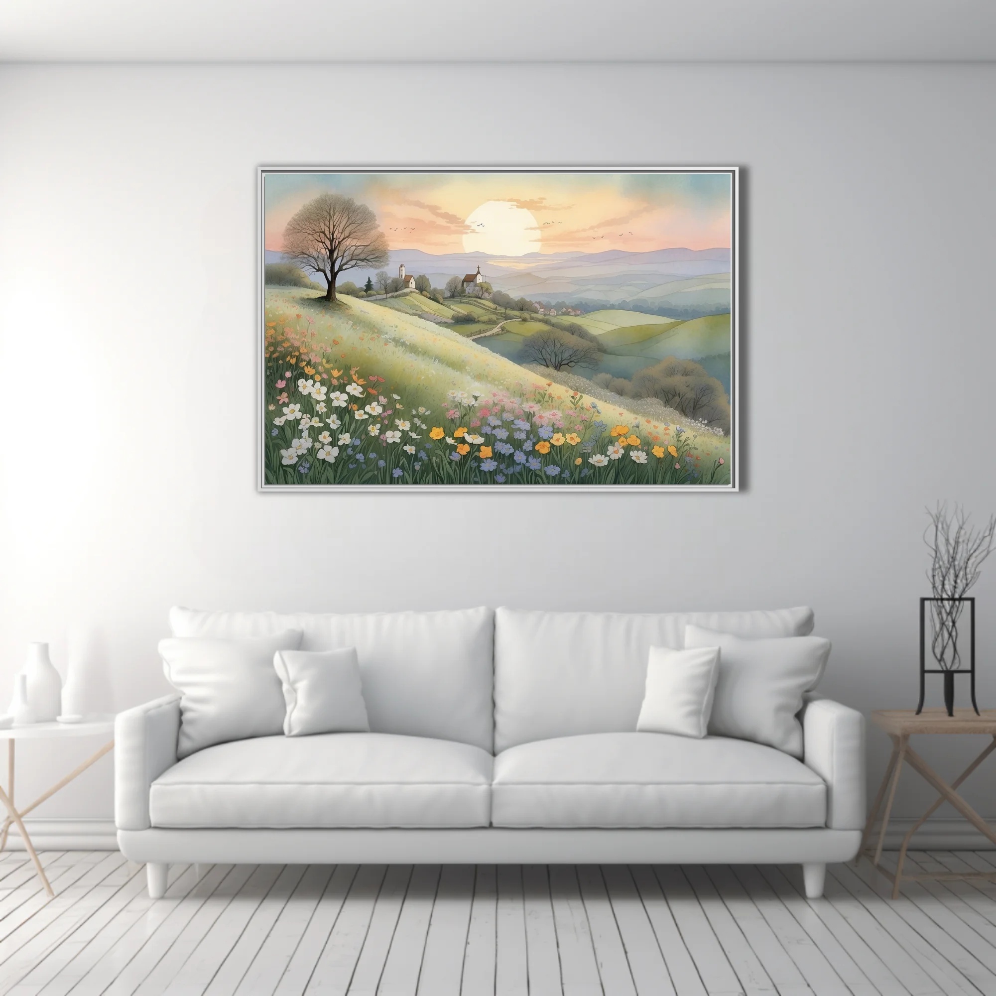 Watercolor-style pastoral landscape with wildflower meadow, rolling hills, and glowing sunset sky