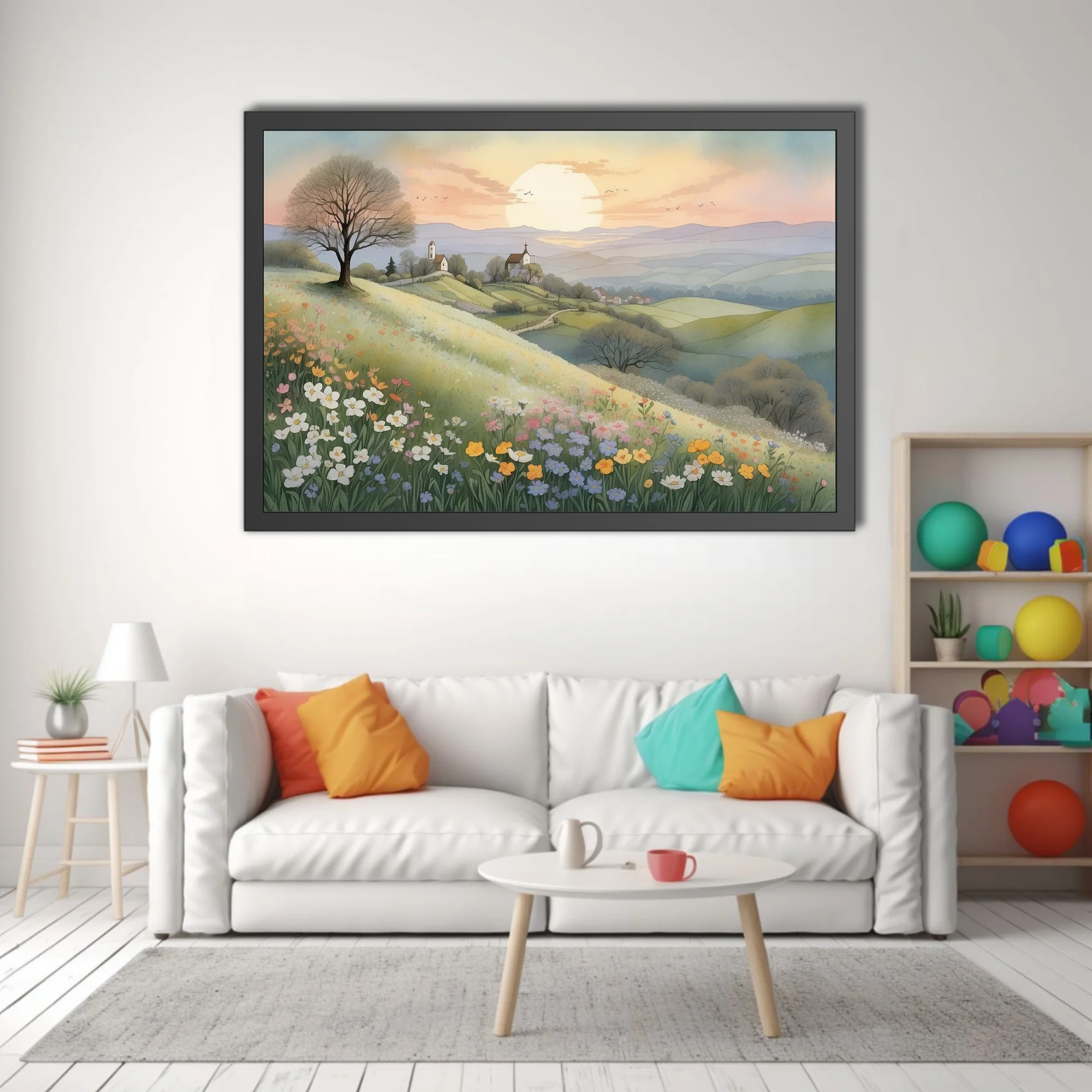Watercolor-style pastoral landscape with wildflower meadow, rolling hills, and glowing sunset sky