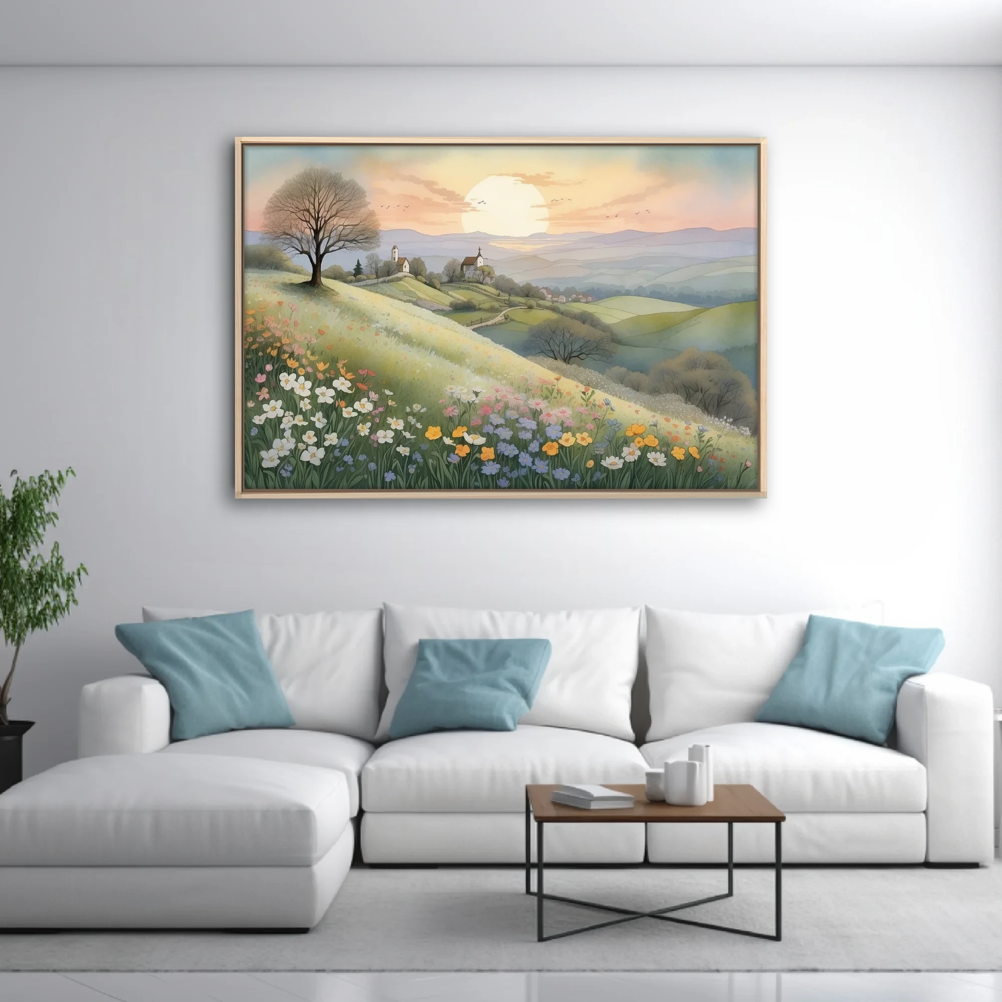 Watercolor-style pastoral landscape with wildflower meadow, rolling hills, and glowing sunset sky