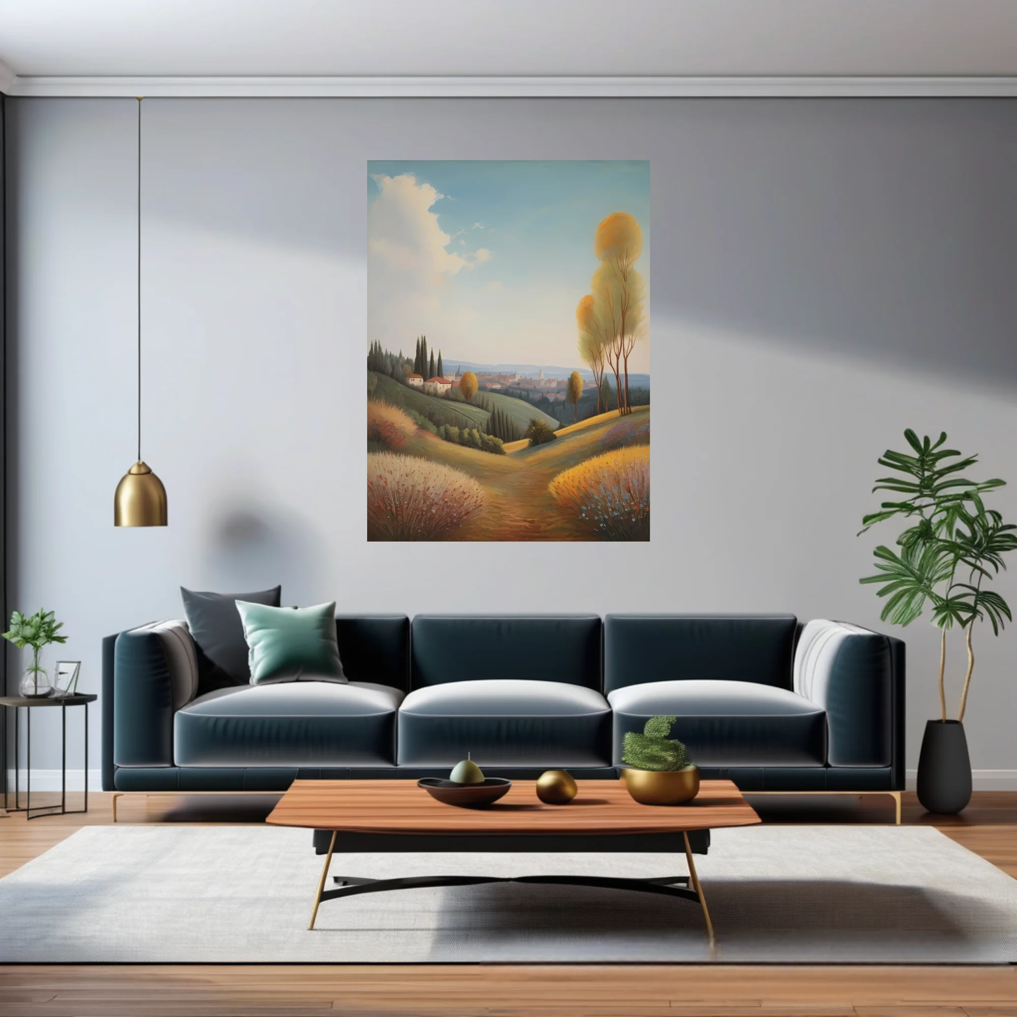 Tuscan countryside landscape, golden autumn tones, rolling hills and distant village
