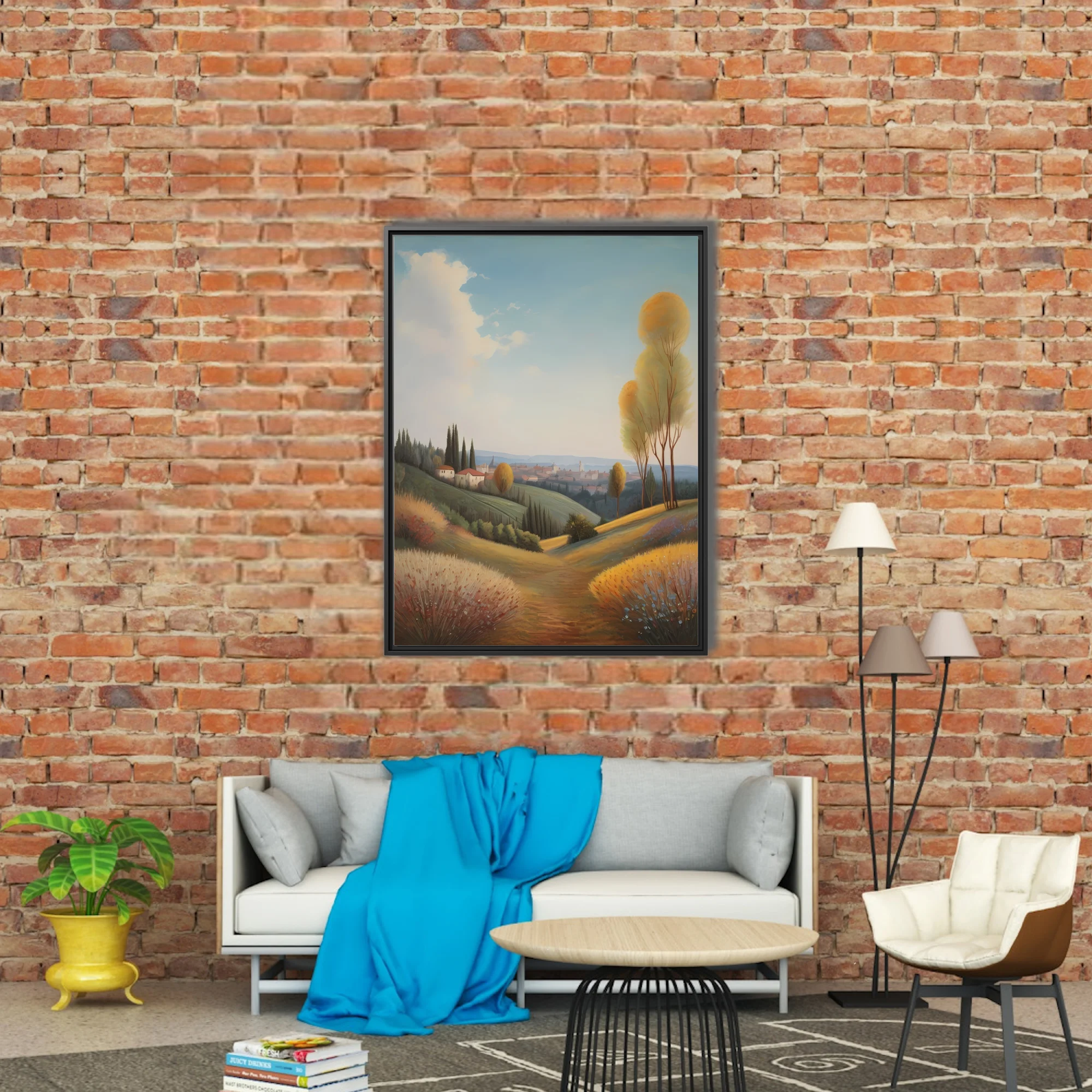 Tuscan countryside landscape, golden autumn tones, rolling hills and distant village