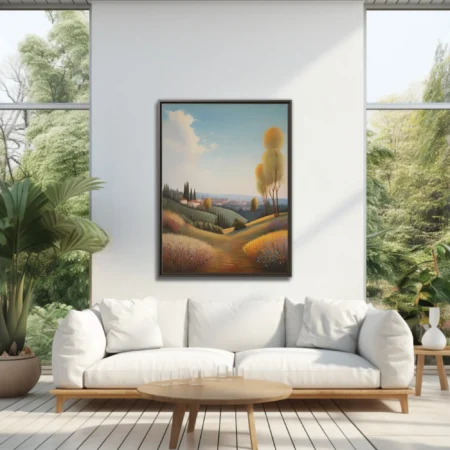 Tuscan countryside landscape, golden autumn tones, rolling hills and distant village