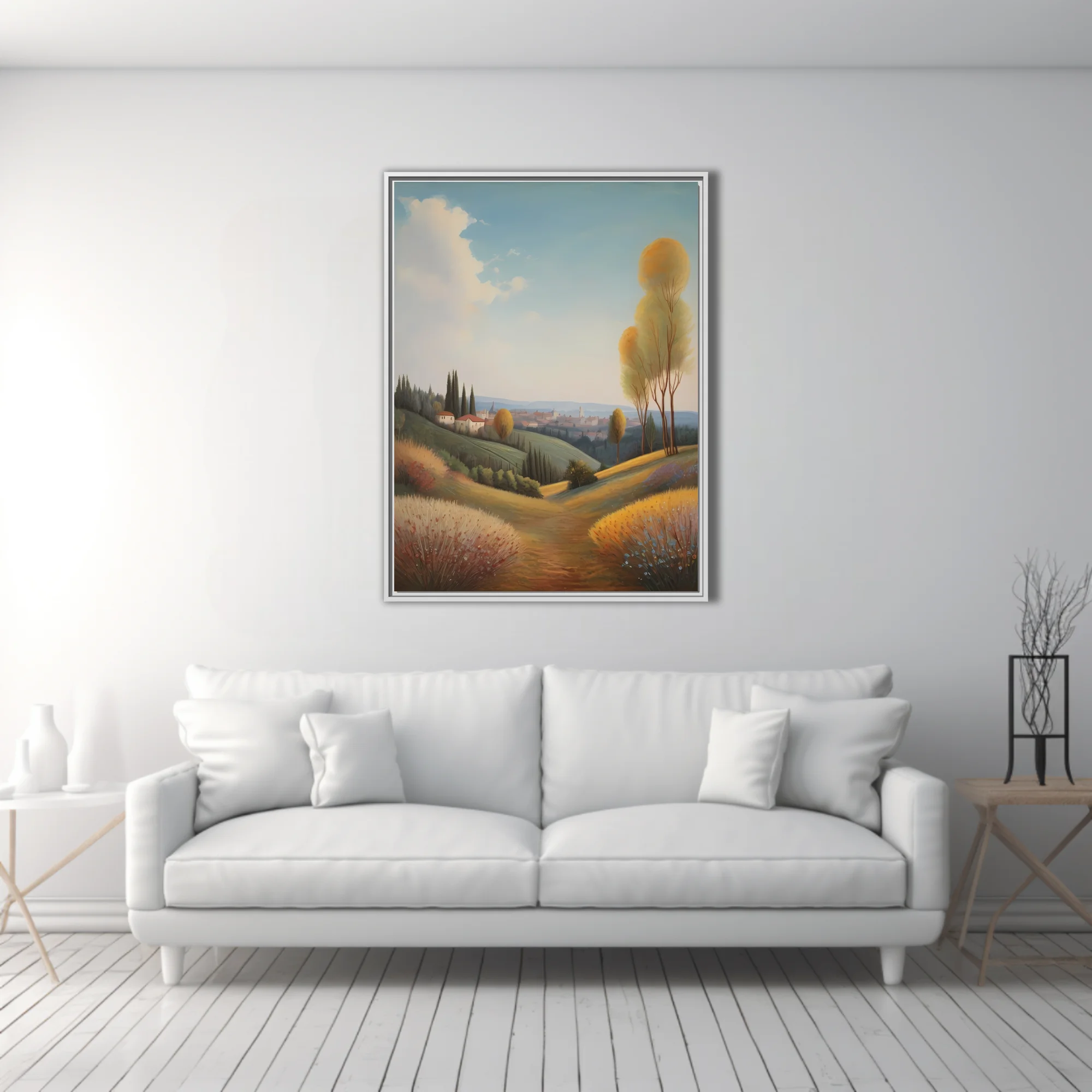 Tuscan countryside landscape, golden autumn tones, rolling hills and distant village