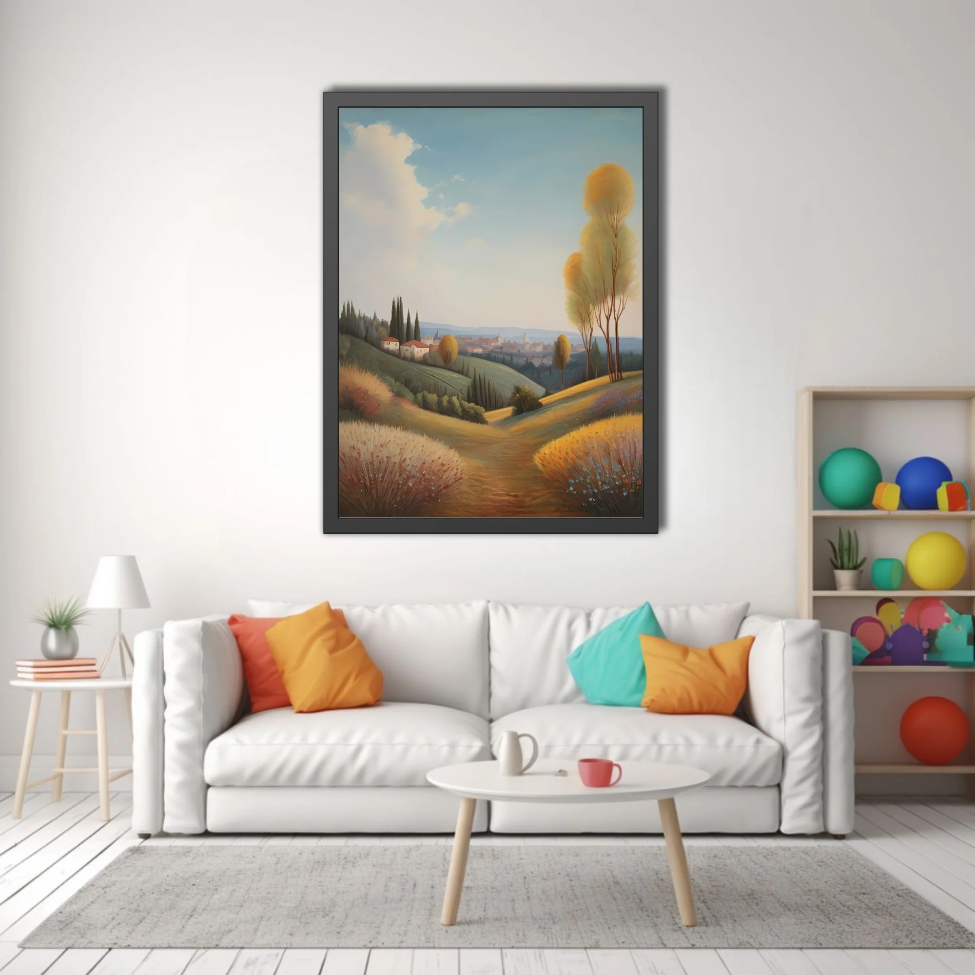 Tuscan countryside landscape, golden autumn tones, rolling hills and distant village