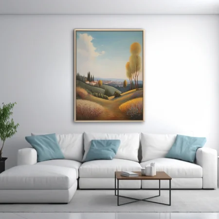 Tuscan countryside landscape, golden autumn tones, rolling hills and distant village