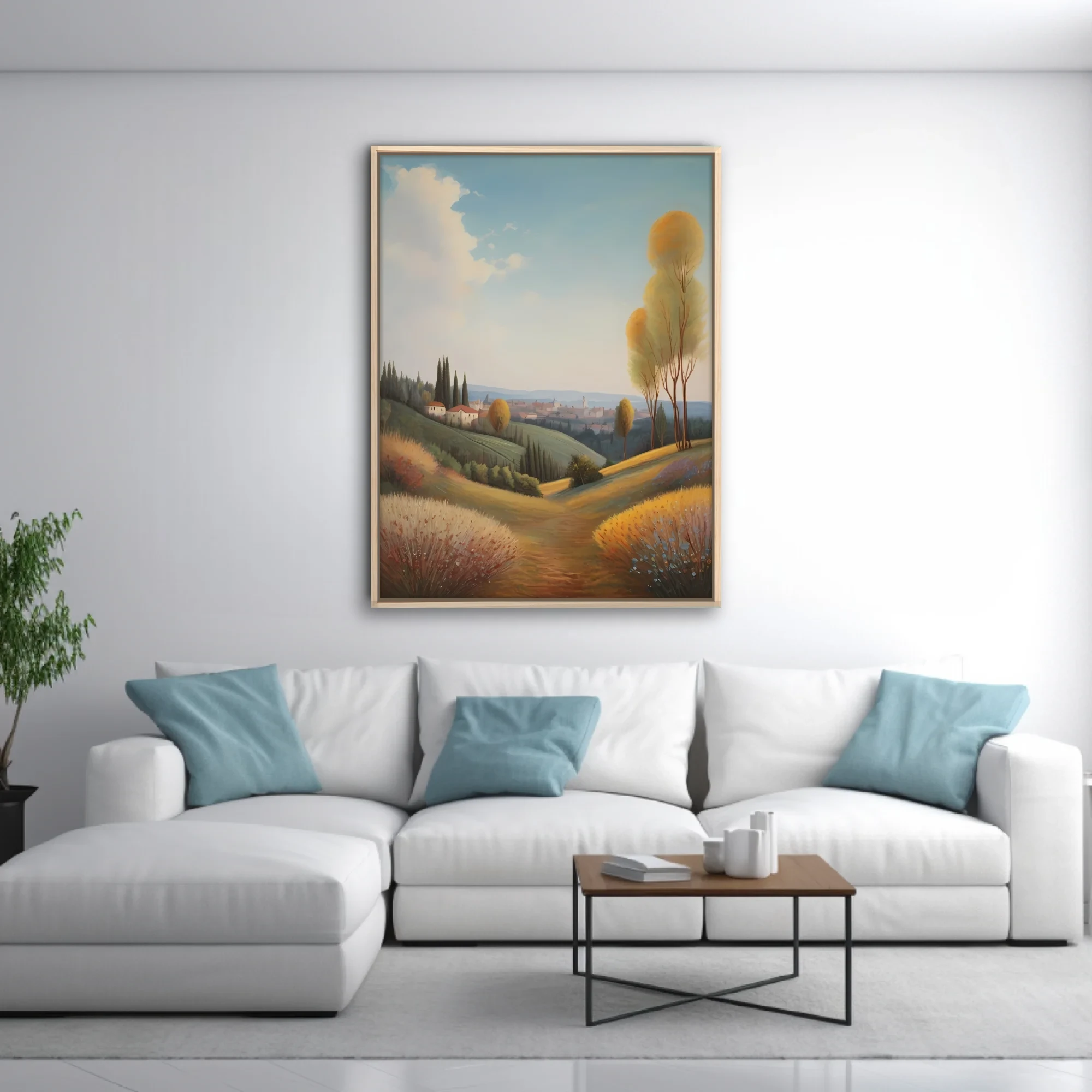 Tuscan countryside landscape, golden autumn tones, rolling hills and distant village