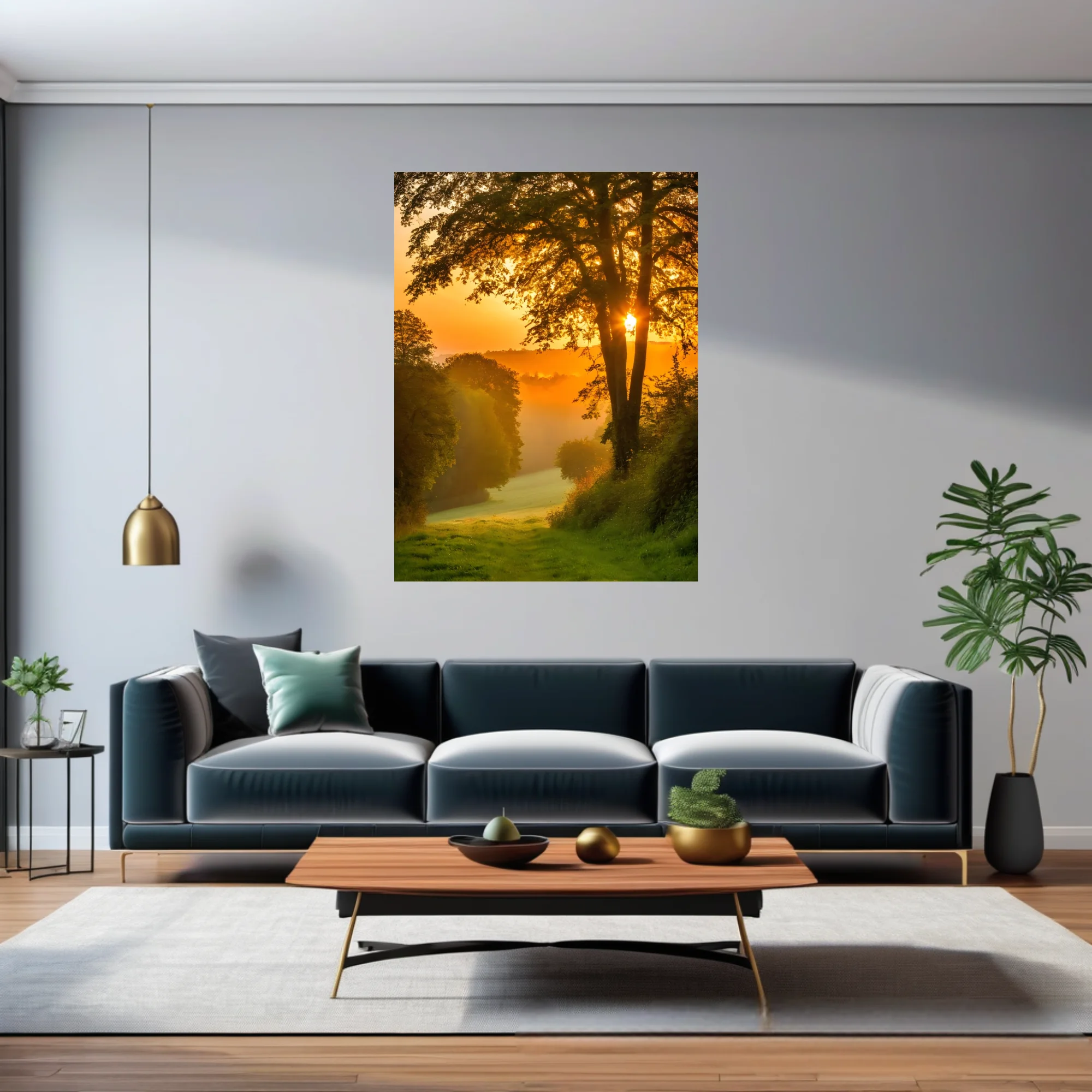 Golden misty sunrise through woodland trees, amber glow, lush green landscape