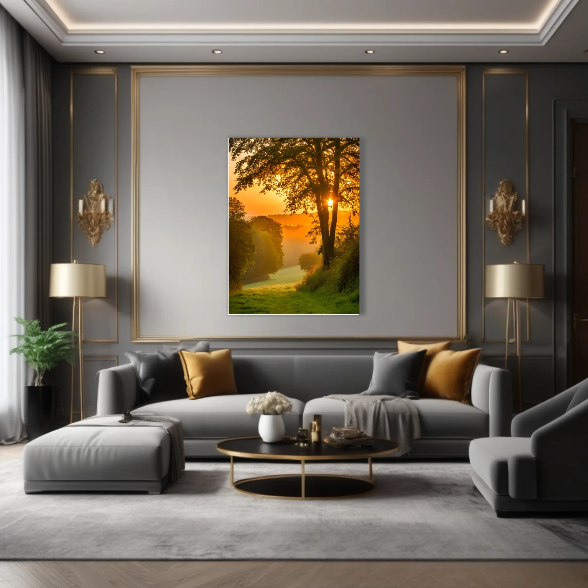 Golden misty sunrise through woodland trees, amber glow, lush green landscape