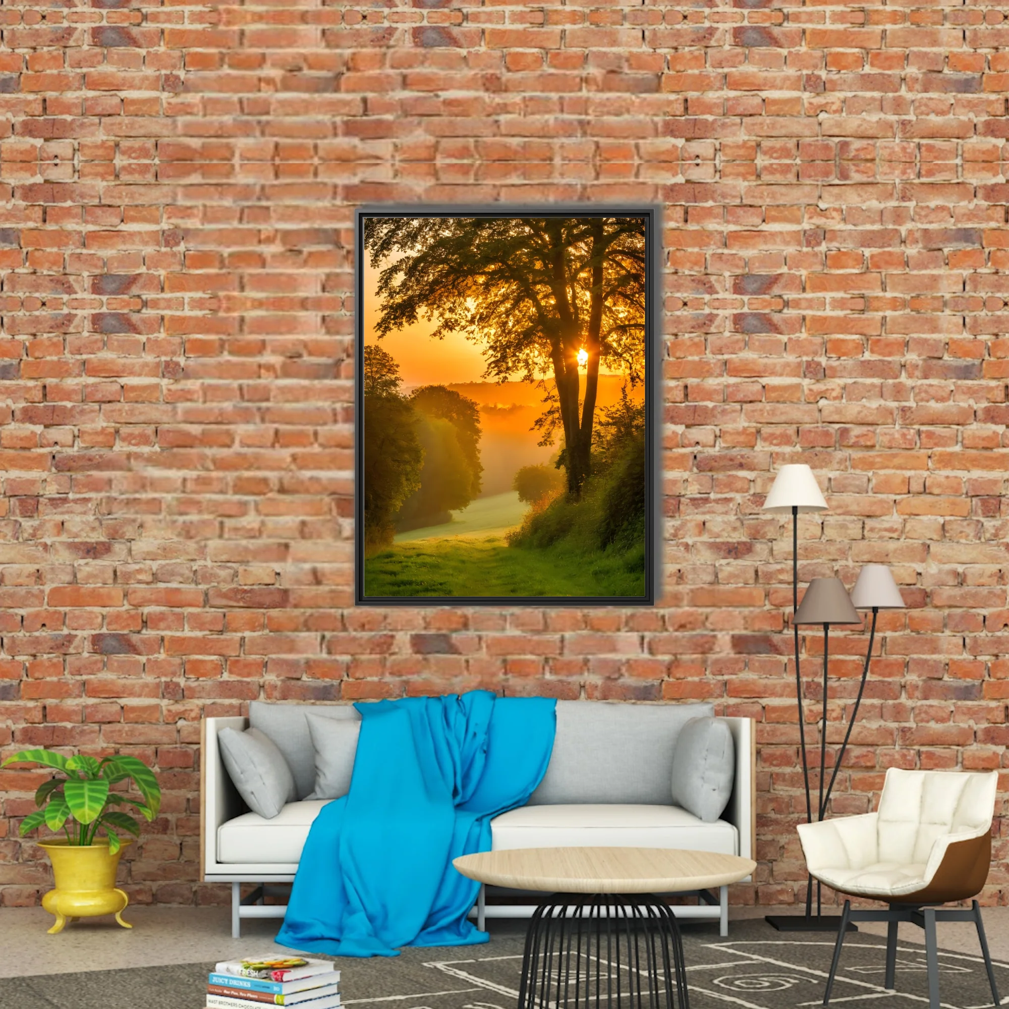 Golden misty sunrise through woodland trees, amber glow, lush green landscape