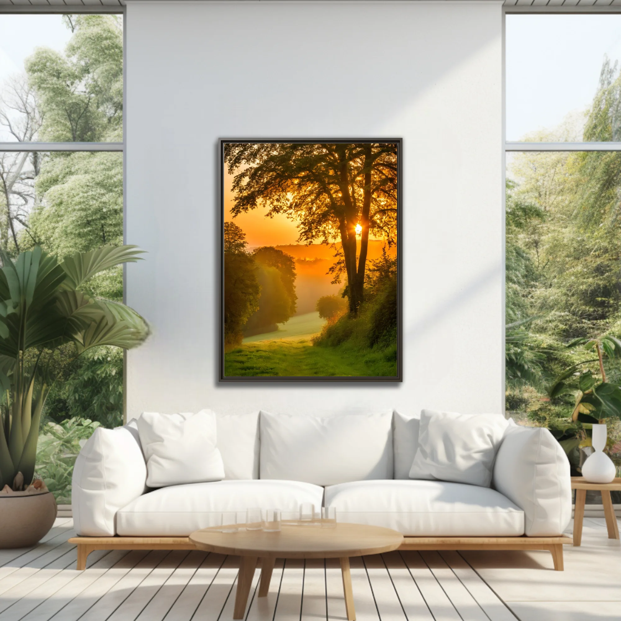 Golden misty sunrise through woodland trees, amber glow, lush green landscape