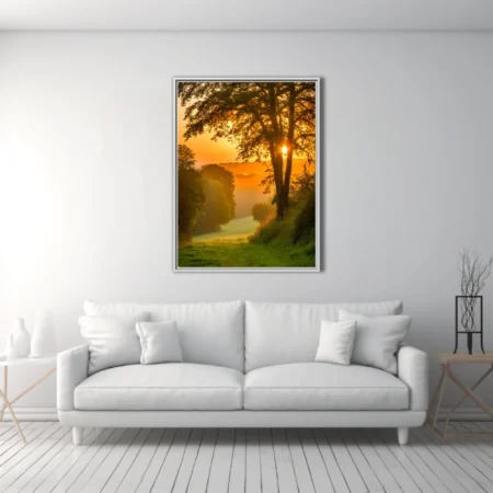 Golden misty sunrise through woodland trees, amber glow, lush green landscape