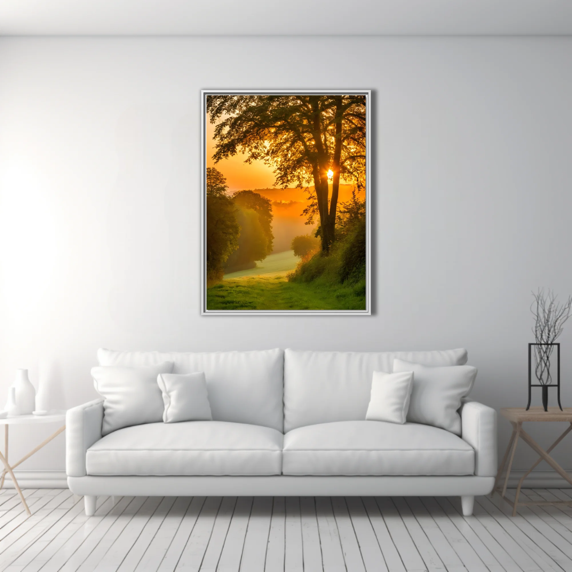 Golden misty sunrise through woodland trees, amber glow, lush green landscape